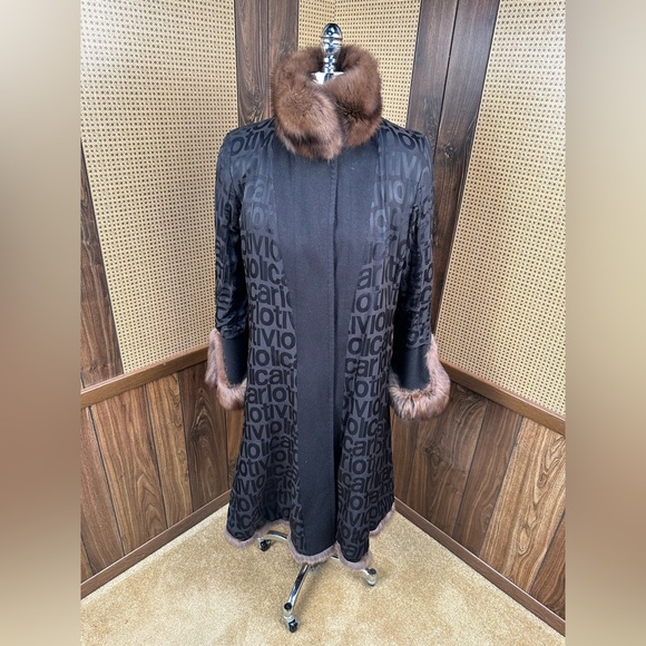 Carlo Tivioli Made in Italy Black Cashmere Wool & Russian Sable Trim Fur Coat - Picture 6 of 11